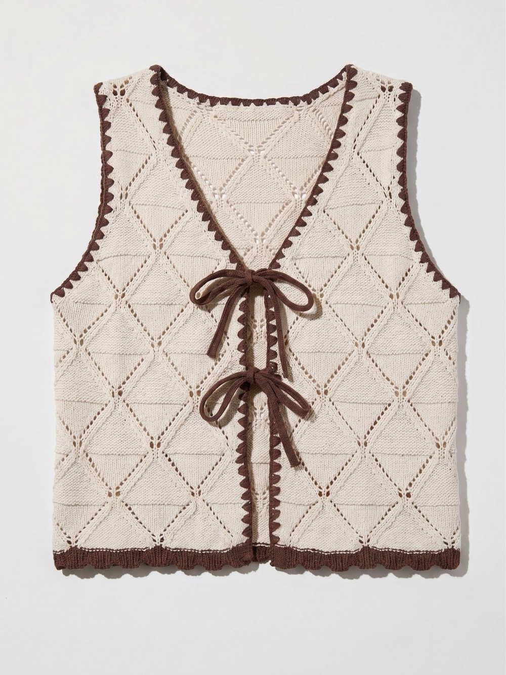 Crochet Knit Front Tie Vest - Boutique Cardigan Fall Cotton